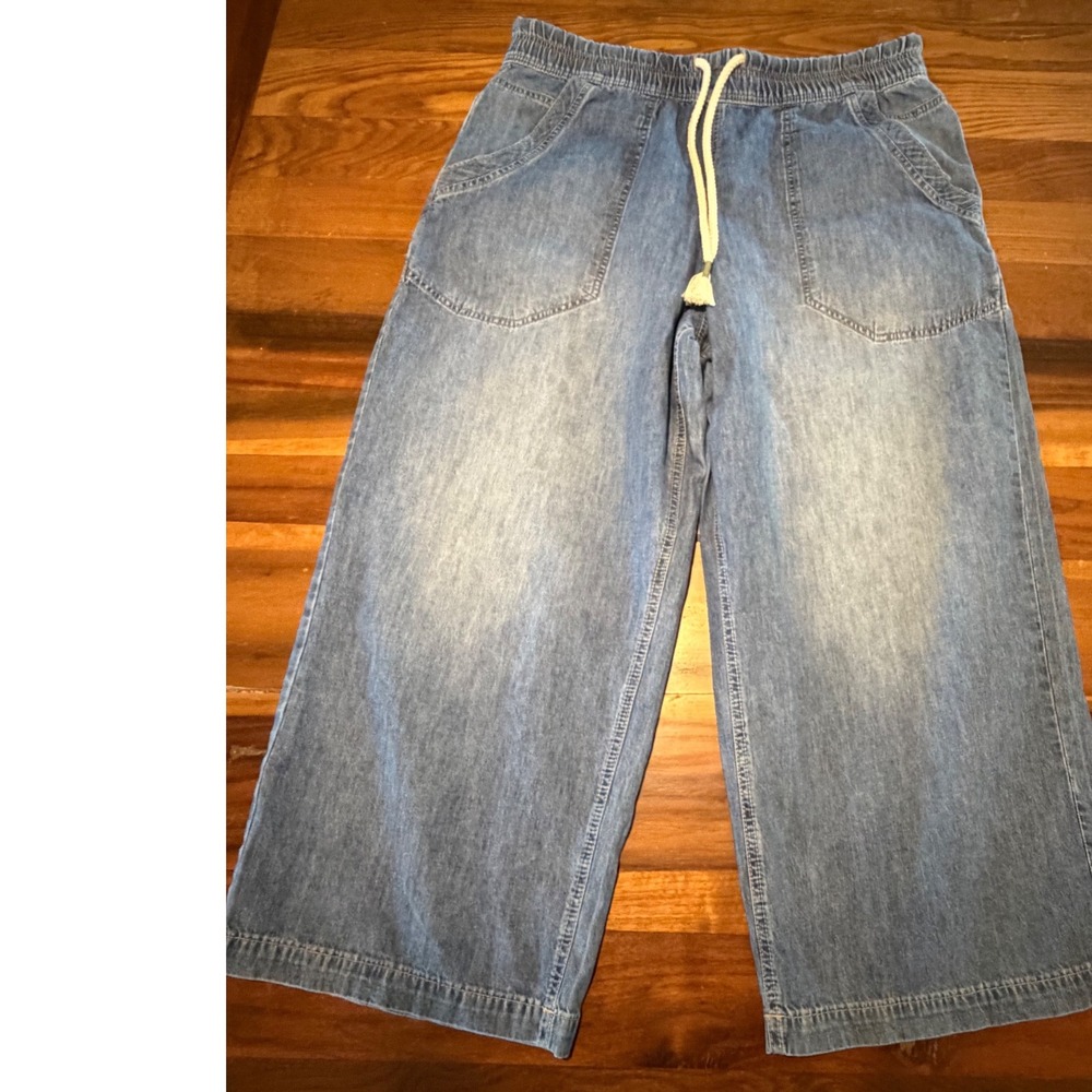 Free People We The Free Wide Leg Denim Pants Light Wash Blue Large Drawstring
